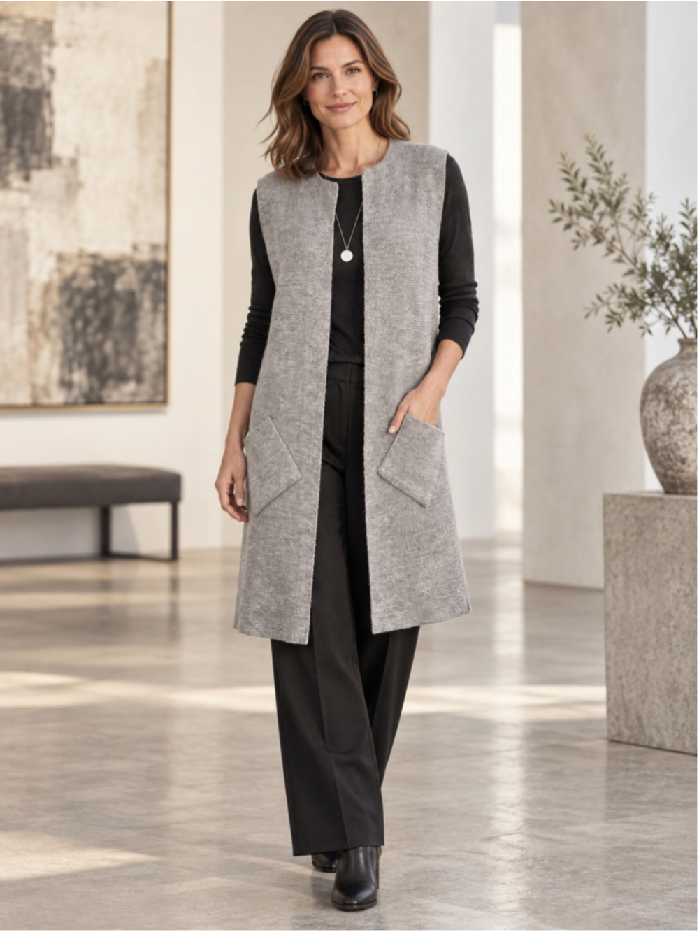 Cocogio Longline Vest Women S Merino Wool Open Minimalist Lagenlook Scandi Gray